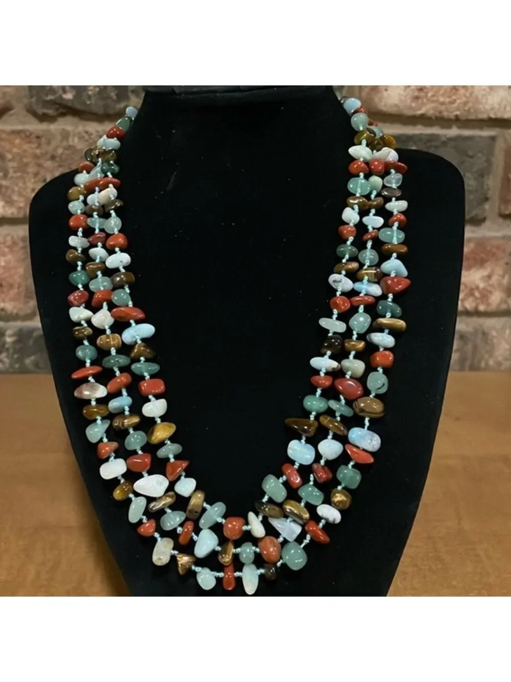 Vintage Natural Jade and Multi Gemstone 3 Strand Chip Bead Necklace